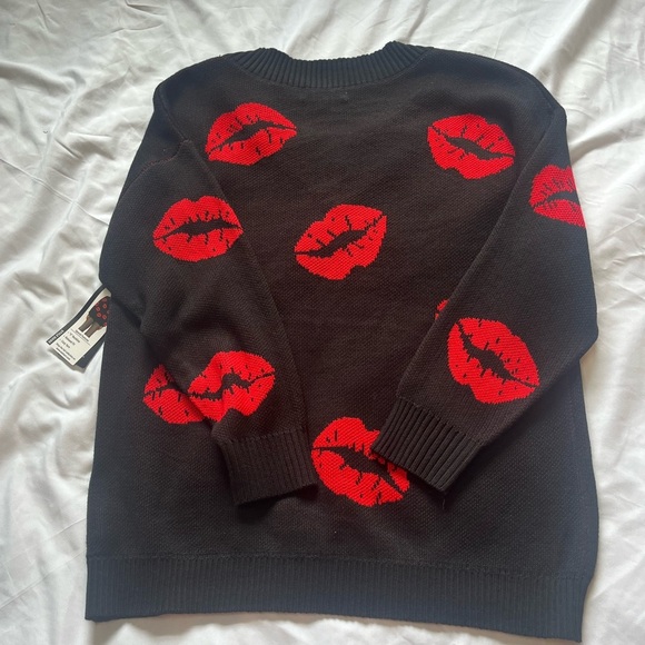 Black V-Neck Sweater with Red Lips by - Picture 2 of 5